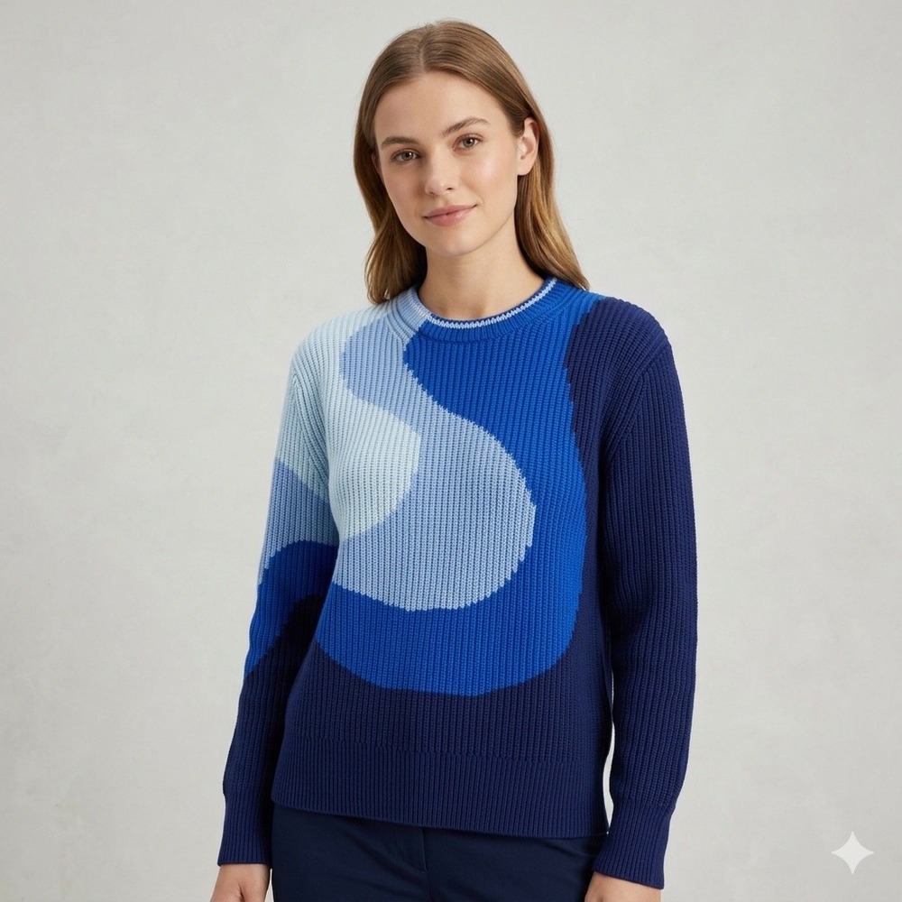 G/FORE Womens Space Blue Wavy Intarsia Wool Shaker Stitch Sweater XL GLS000009